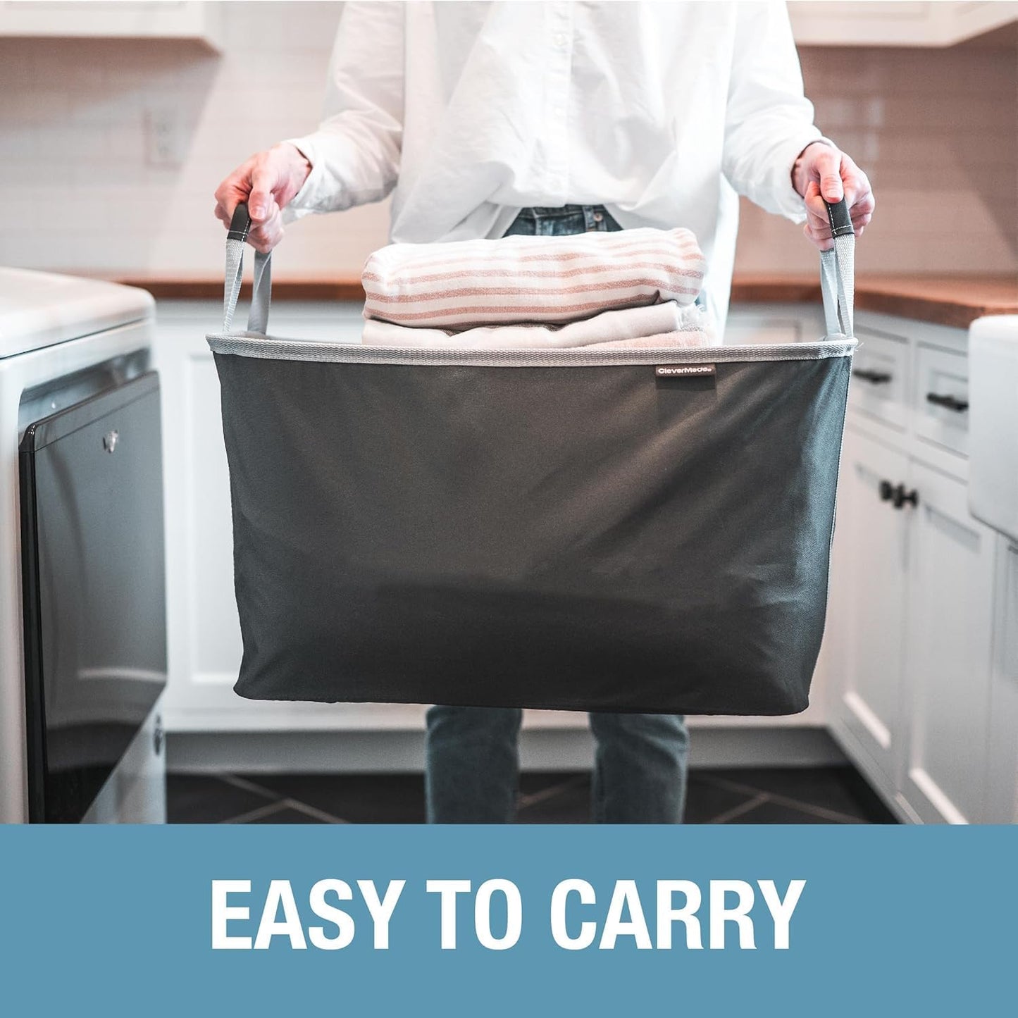 CleverMade Collapsible Laundry Basket Hamper - LUXE Navy Noir Cream 2Pack 60L - Space Saving Storage Organizer with Handles Foldable Home Organization