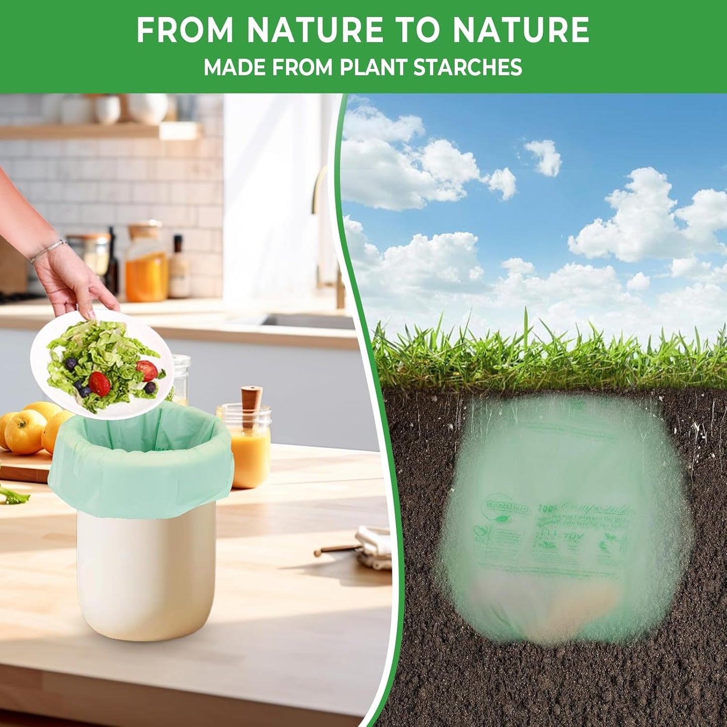 Compostable Trash Bags, 3-4 Gallon, 15 L, Extra Thick 0.8 Mil, Small Kitchen Food Scrap Waste Bags, ASTM D6400, US BPI, 80 Count