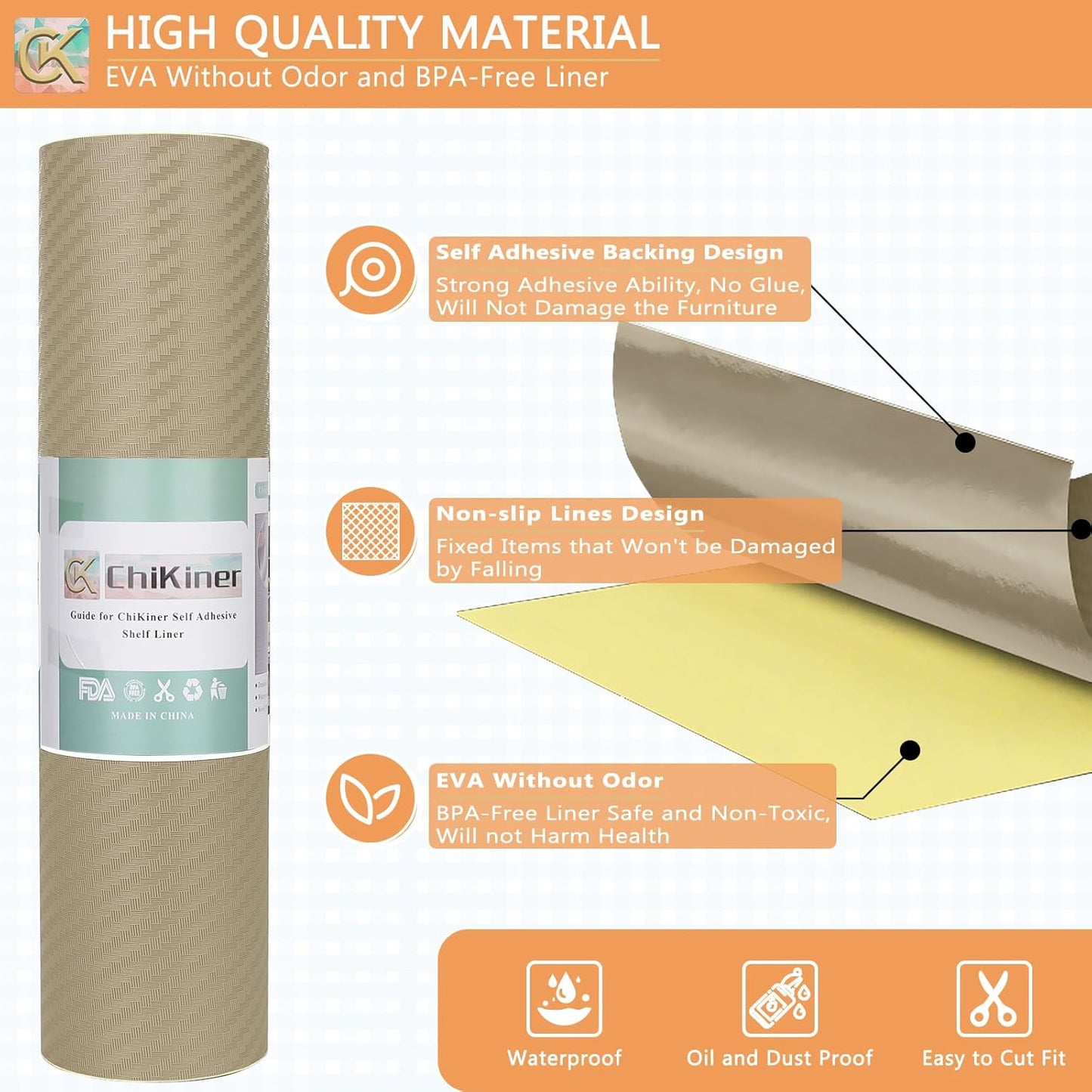 Self-Adhesive Shelf Liner Kitchen Liner, Waterproof Backed Paper Easy Peel and Stick Contact Liner Without Residue for Decor Your Desk Surface, Kitchen Countertops (Dark Khaki, 17.5 x 118.1 inches)