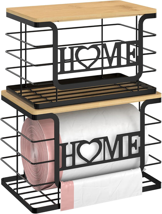 Trash Bag Holder, Thipoten Trash Bags Dispenser with Bamboo Top, Suitable for Garbage Bags Purchased Online or Supermarket, Perfect Storage Organizers for Cabinet, Under Sink (Black, 2pack-XL/L)