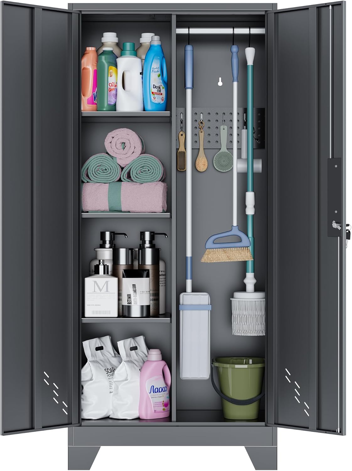 Metal Storage Cabinet with Locking Doors, 61" Tall Garage with Hanging Rod, Broom Closet, Freestanding Bathroom Storage Cabinet, Cleaning Tool,Black