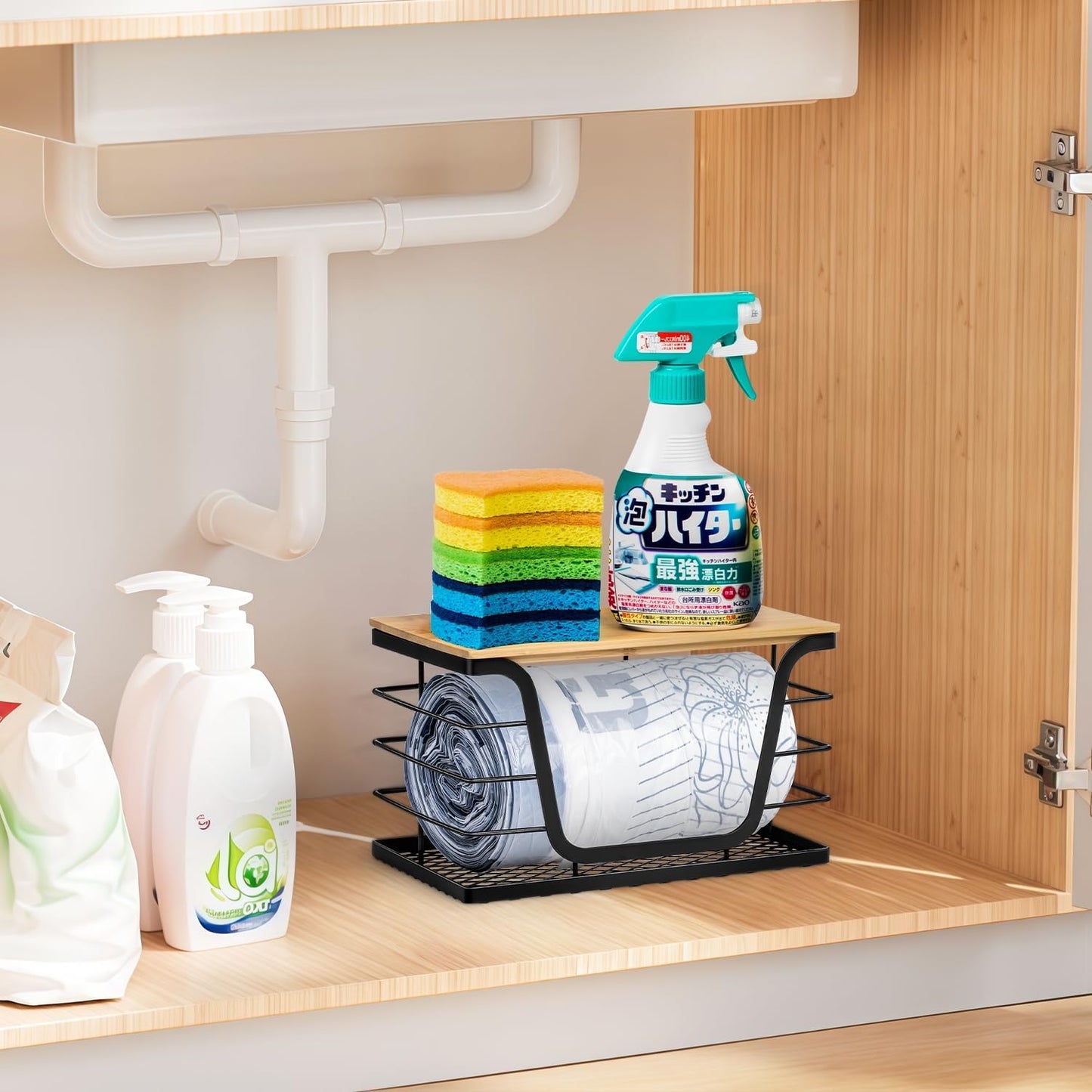 Wetheny Trash Bag Holder with Bamboo Top and Mesh Bottom, Stackable Garbage Bag Holder Dispenser Under Sink, Wall Mounted Storage for Kitchen Laundry Organizers, Black