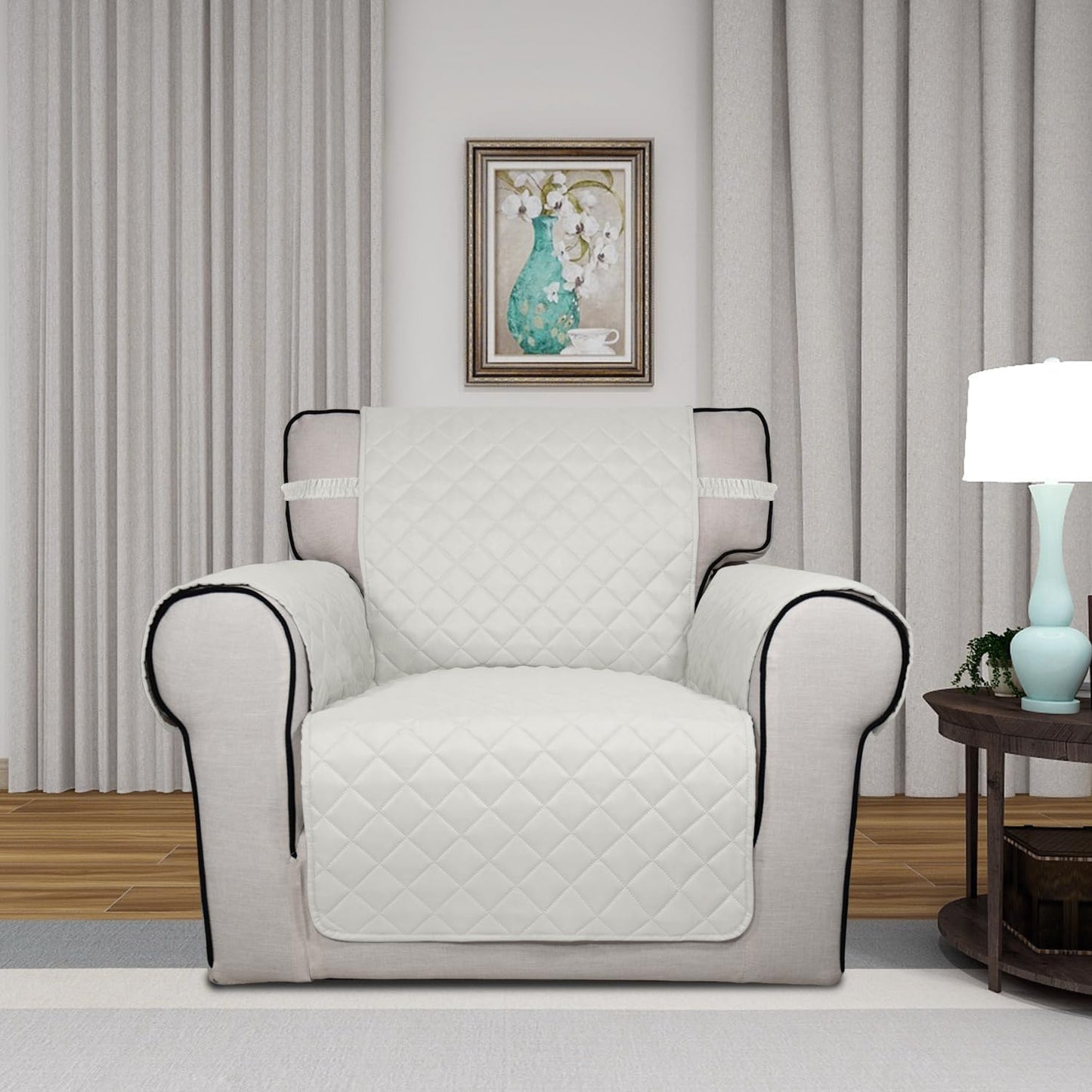 PureFit Reversible Quilted Sofa Cover, Water Resistant Slipcover Furniture Protector, Washable Couch Cover with Non Slip and Elastic Straps for Kids, Dogs, Pets (Chair, Ivory/Ivory)