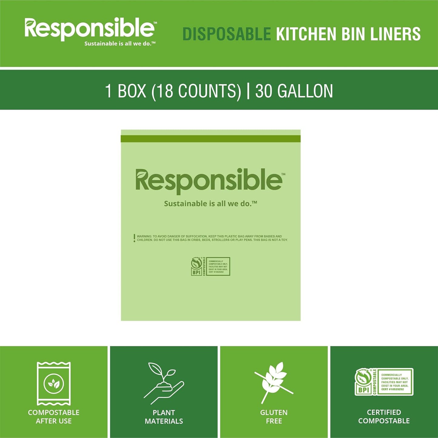 Responsible Products Kitchen Bin Liners, Certified Compostable, Heavy Duty Multipurpose Food Scrap Bags, Made from Compostable Materials (30 Gallon Drawstring, (18 Count))