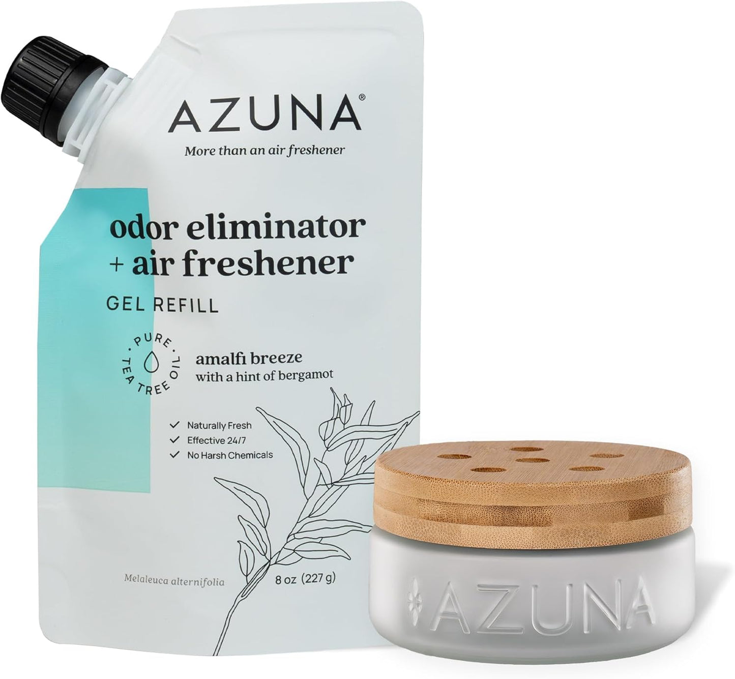 Azuna Air Freshener & Odor Eliminator for Strong Odor | 1 Room Kit Includes (1) Empty Luxe Glass Jar & 8oz Refill with Tea Tree Essential Oil Gel | Amalfi Breeze | Last 60-90 Days