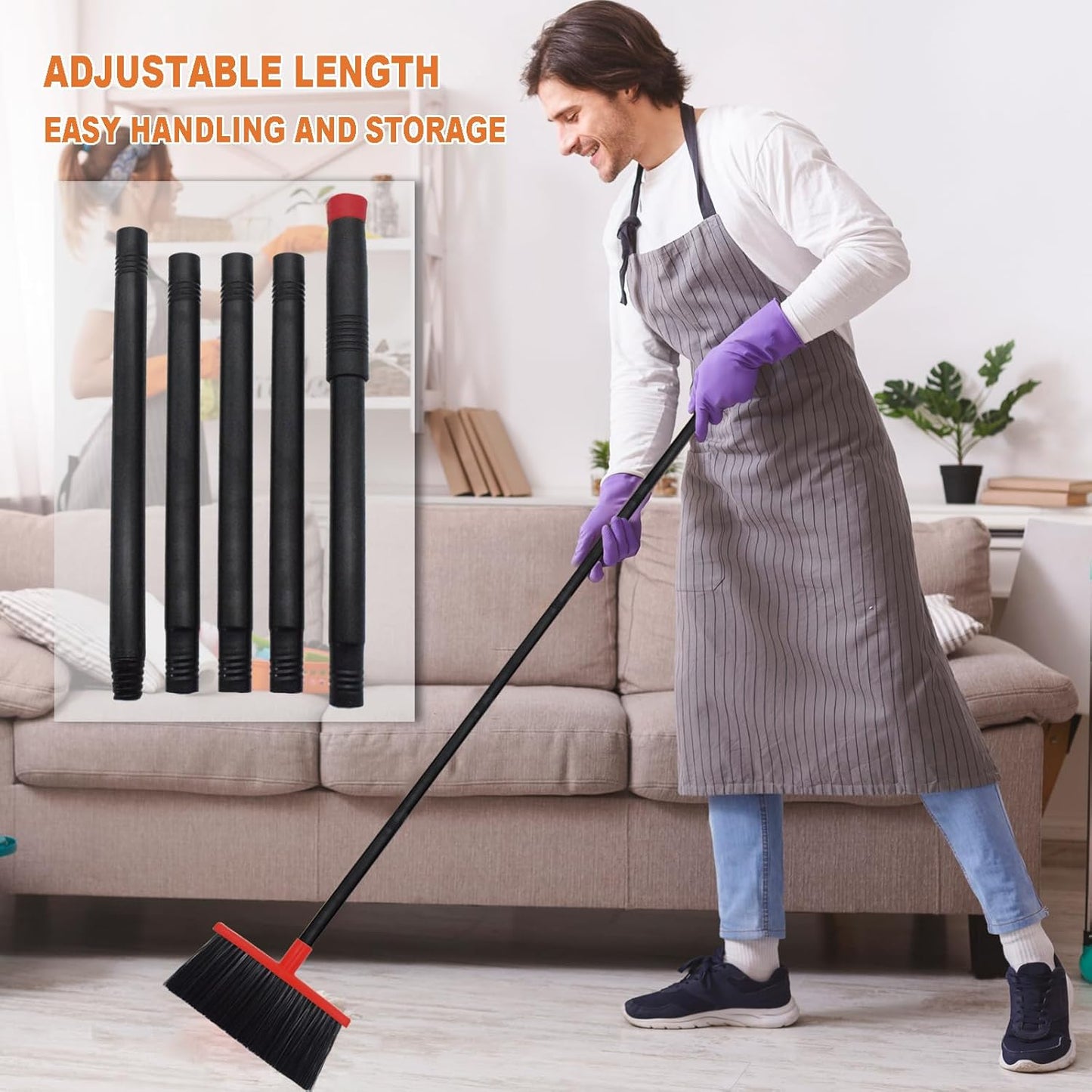 Small Broom Stiff Bristles Brush with Long Handle Indoor or Outdoor Compact Broom for Sweeping Patio Garage Garden,Deck,Concrete Floor,Bathroom (Red)