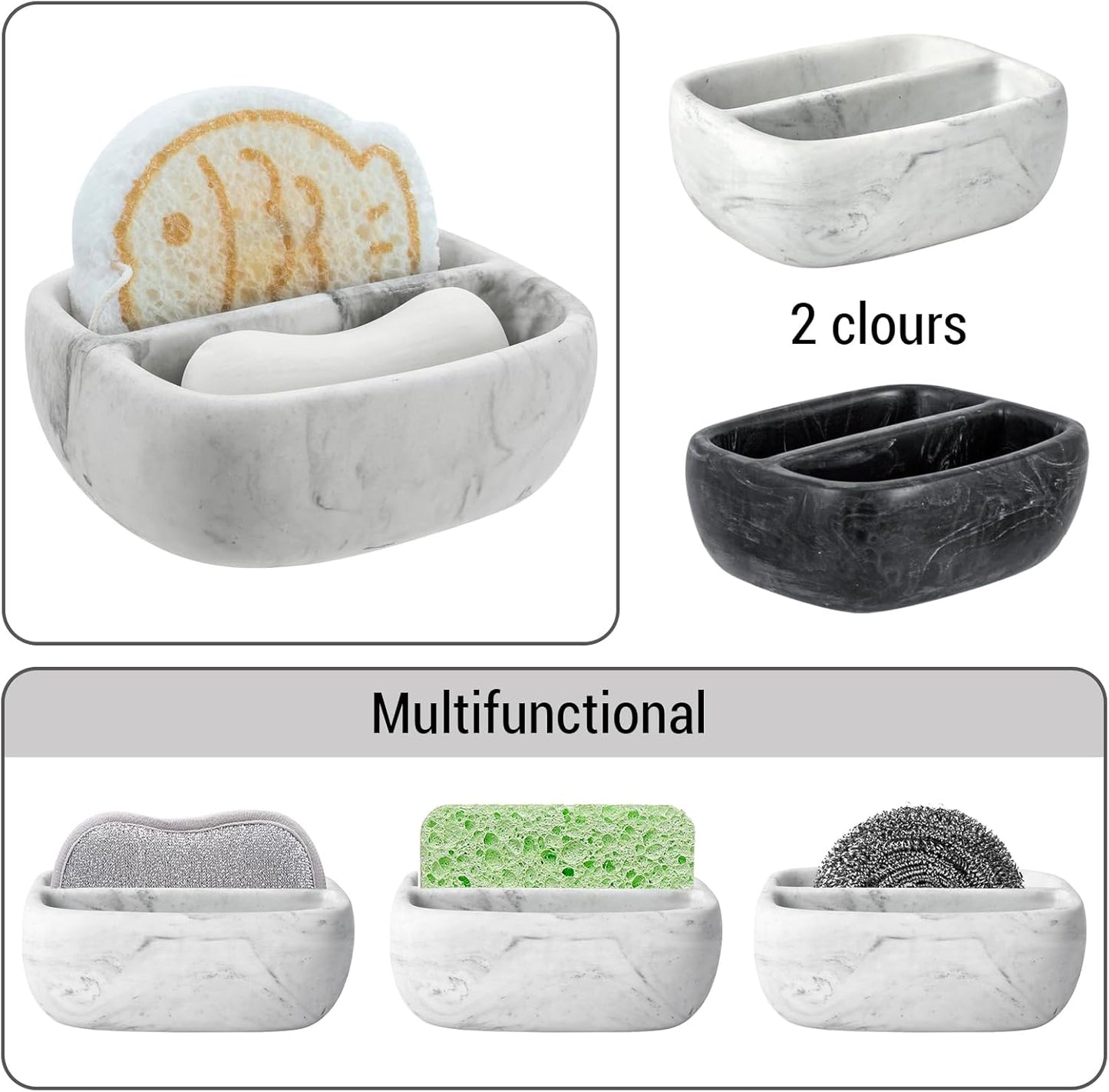 MyGift Modern White Resin Sponge Holder for Kitchen Sink, Countertop Dish Sponge Holder with 2 Compartments and Marble Pattern
