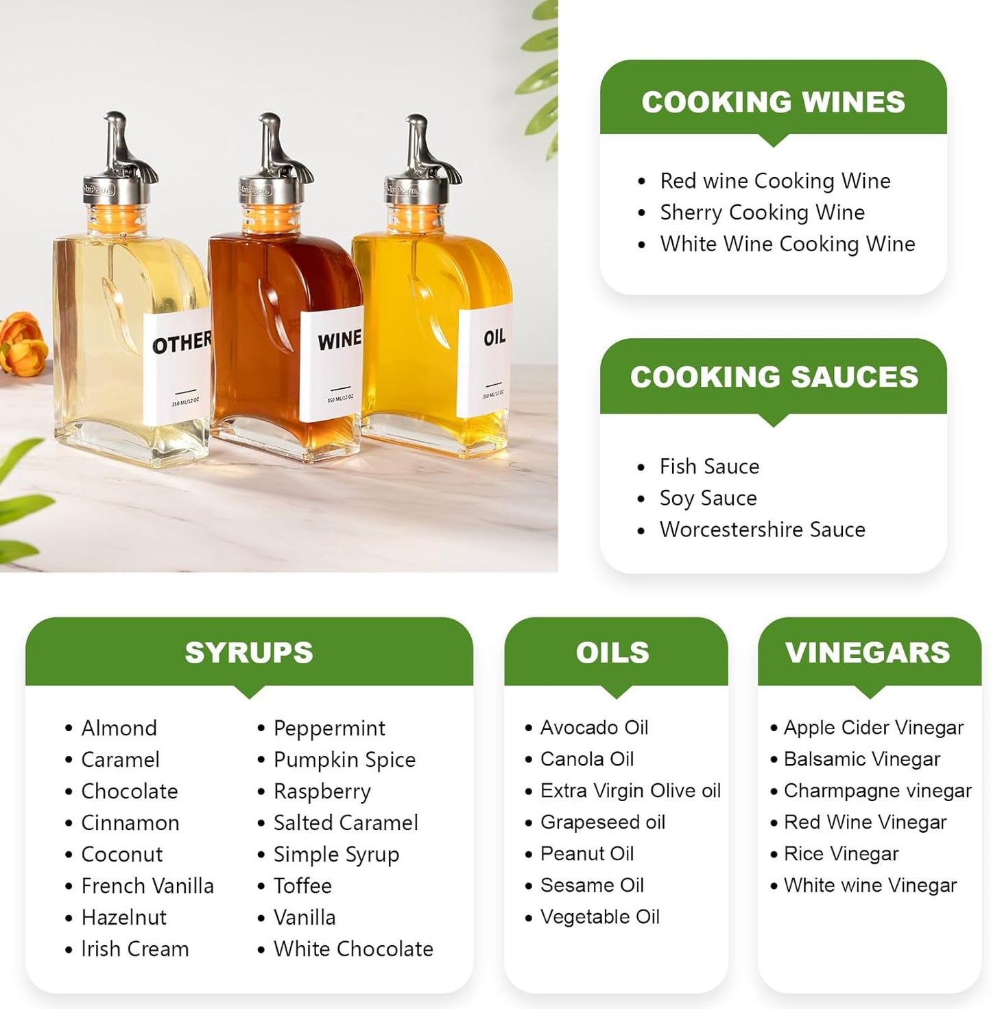 Glass Olive Oil Dispenser Bottle for Kitchen,Oil & Vinegar Dispenser Set, Coffee Syrup Bottles with Stainless Steel Pourers