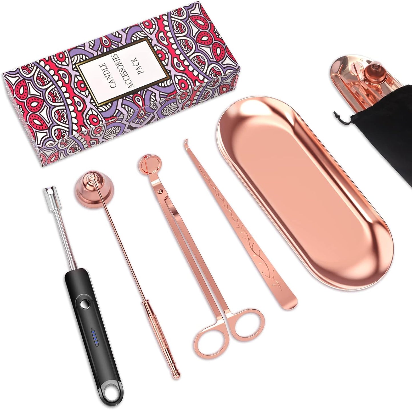 Lsnisni 5Pcs Accessory Set With Rechargeable Electric Lighter, Storage Tray, Wick Trimmer, Snuffer, Dipper, Stainless Steel Care Kit Gift Package for Candle Lover Rose Gold