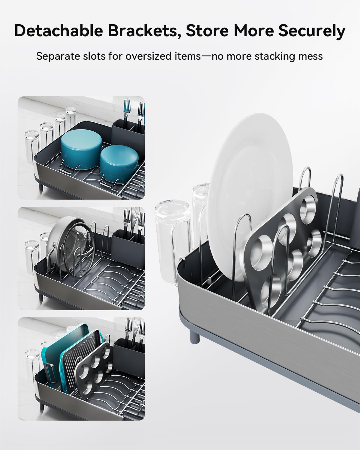 SUNLY Expandable Dish Drying Rack, Versatile Brackets for Pots & Pans, Space Saving Kitchen Drying Rack, Dish Racks for Kitchen Counter, Stainless Steel Dish Drainers with Extendable Spout, Gray