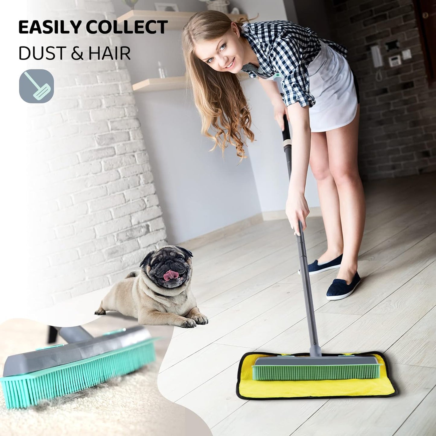 Conliwell Rubber Broom Carpet Rake for Pet Hair, Fur Remover Broom with Squeegee, Portable Detailing Lint Remover Brush (Iron Handle)