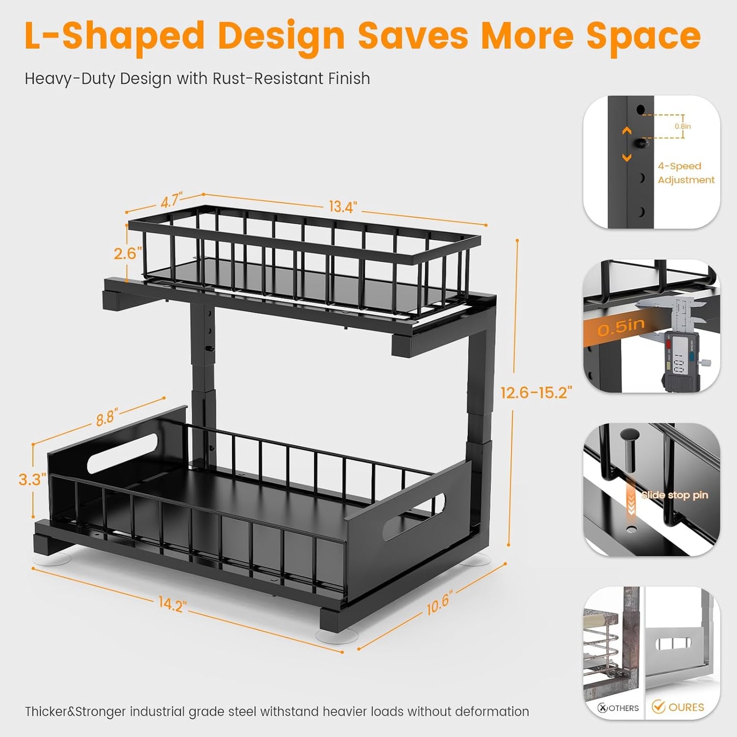 Under Sink Organizer Storage 2-Tier Heavy Duty Metal Pull Out Cabinet Organizer Slide Out Sink Shelf Organizer Height Adjustable, Multi-Purpose Storage Shelf for Kitchen Bathroom (Black, 1 Pack)