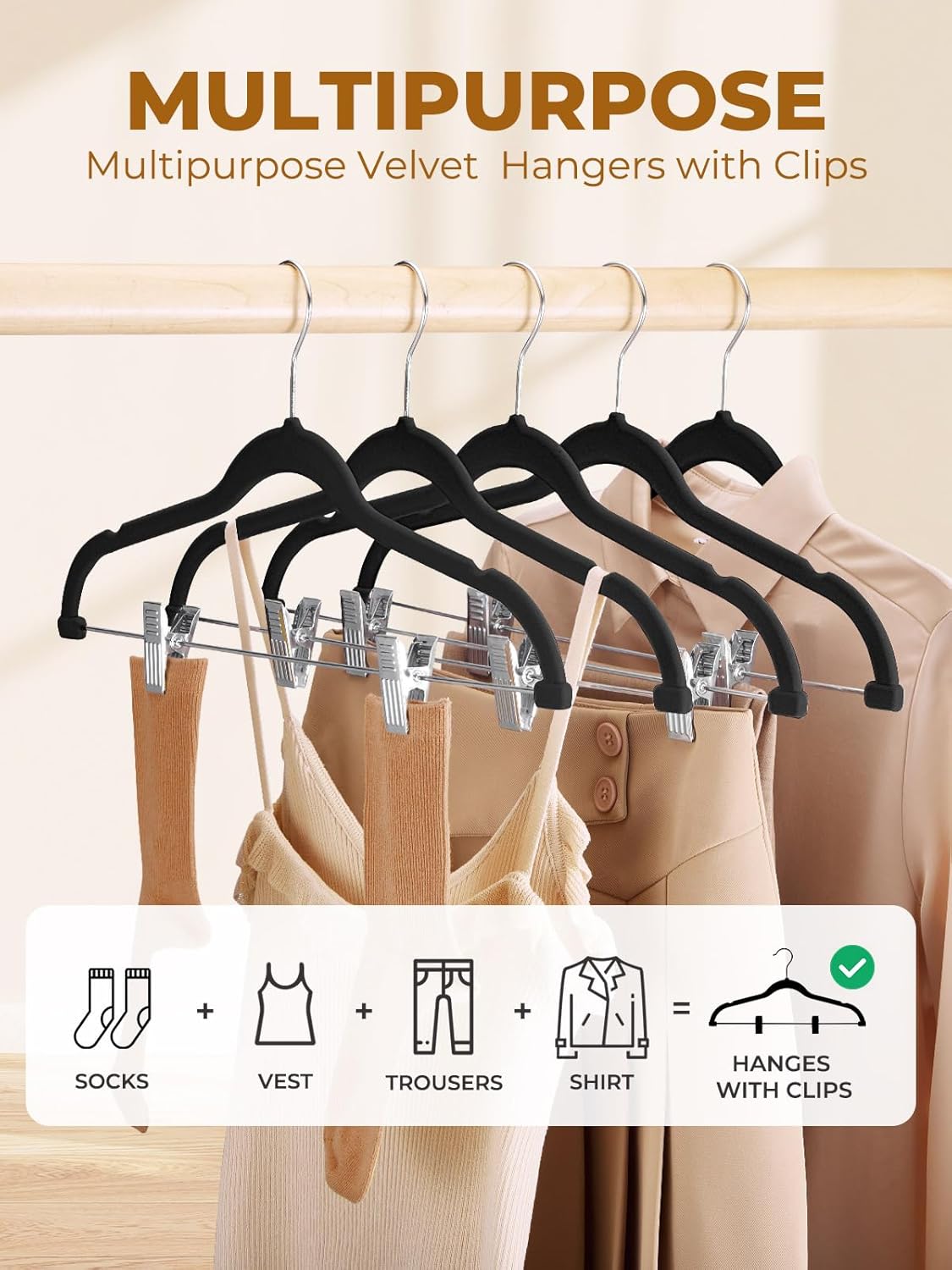 HOUSE DAY Black Velvet Skirt Hangers 48 Pack, Pant Hanger with Adjustable Clips, Space Saving Non Slip Clip Hangers for Pants, Skirts, Shorts