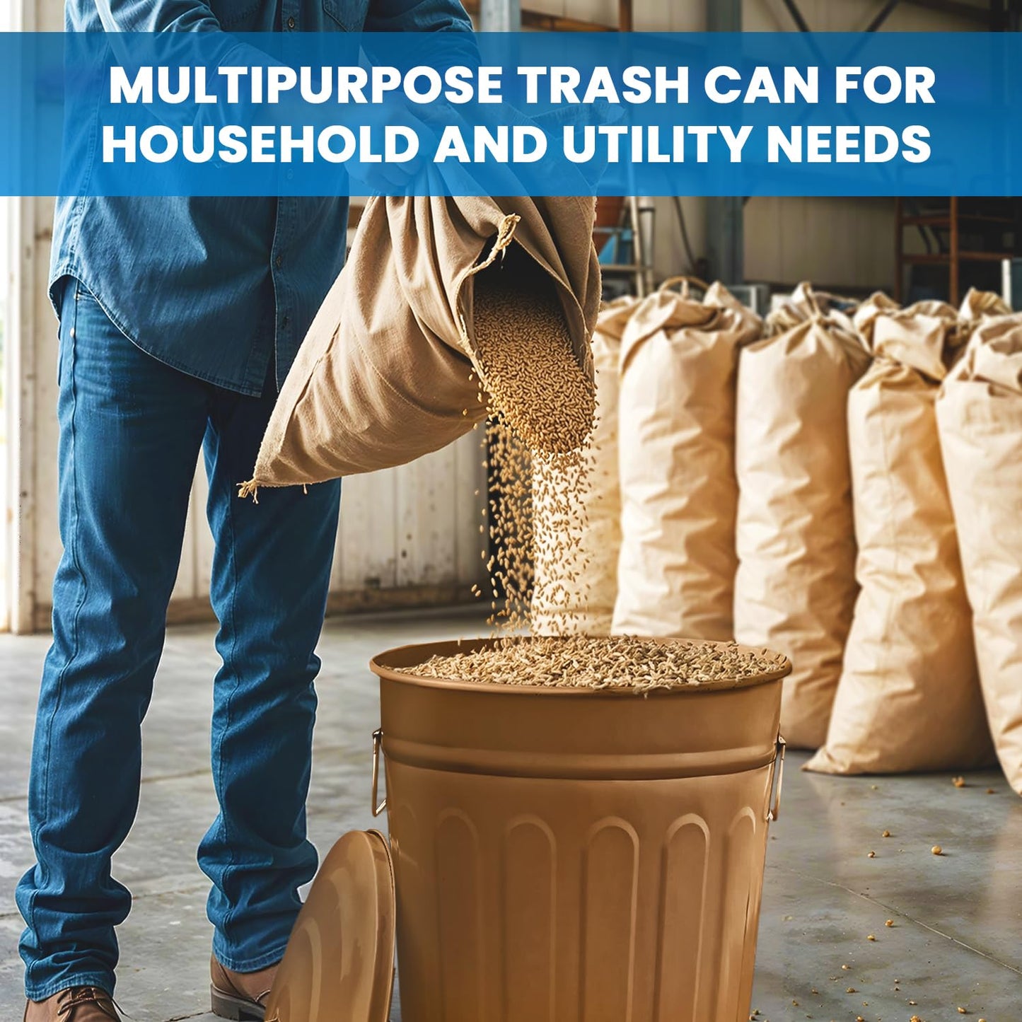 Plexon Round Trash Can 13 Gallon, Vintage Metal Outdoor Trash Can with Lid, Retro Farmhouse Garbage Container, Old School Modern Ash Bucket, Copper 6 Pack