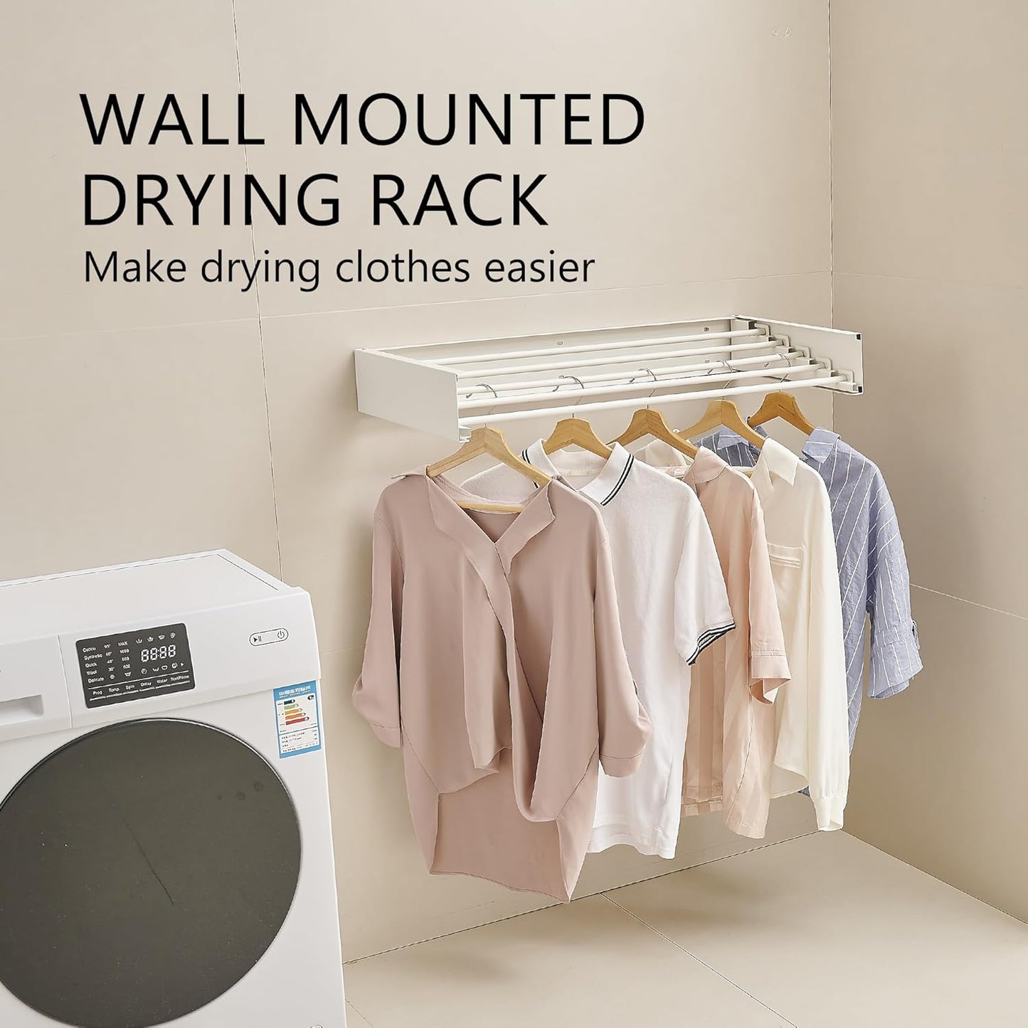 JOOM Laundry Drying Rack Collapsible, Wall Mounted Clothes Drying Rack, Retractable Drying Rack, 31.5" Wide, 5 Aluminum Rods, 60 lb Capacity (White 31.5")