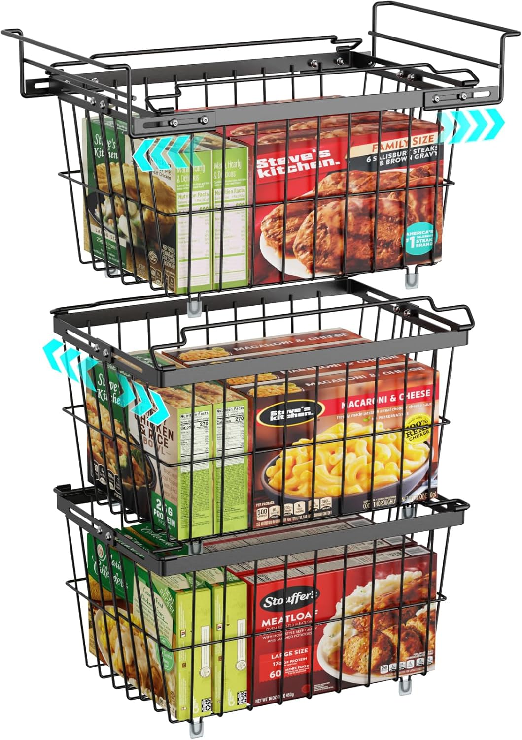 iSPECLE Freezer Organizer Bins - 1 Pc Hanging Basket & 2 Pcs Adjustable Wider & Deeper Chest Freezer Organizer Bins for 5 to 9 Cu Ft, Extra Large & Easy Organize Stackable Basket Store More, Black
