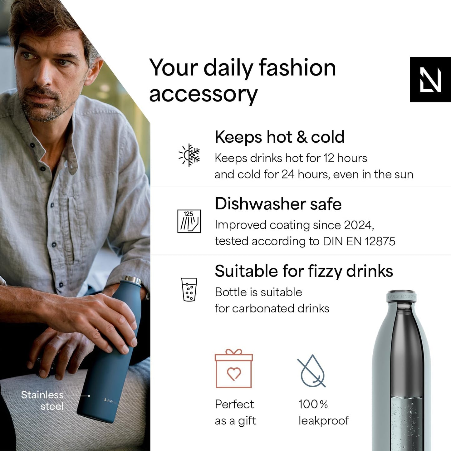 LARS NYSØM Stainless Steel Insulated XL Water Bottle 12oz 17oz 25oz 34oz 51oz | Insulated Thermo Flask for Hot and Cold Beverages | Leakproof Drinking Bottle (Sky Blue, 50.7 oz)