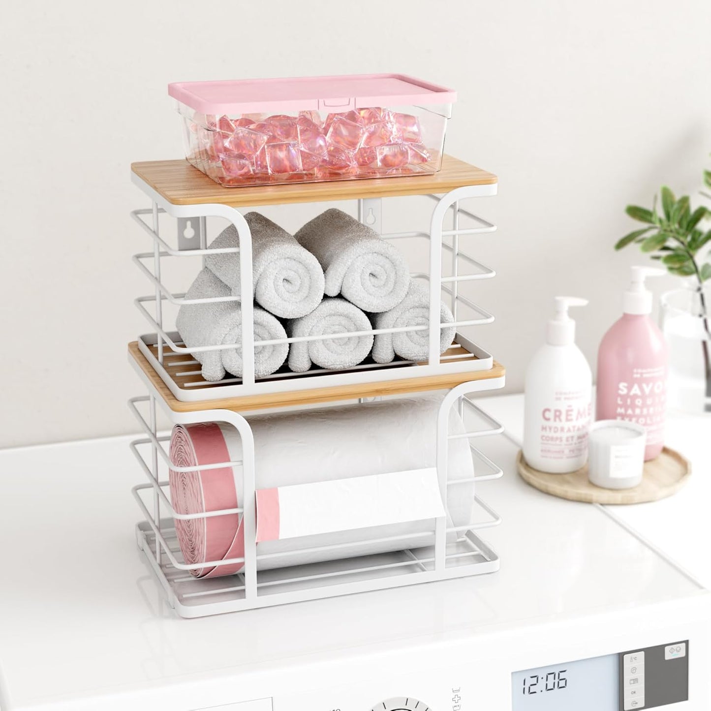 2 Pack Extra Large Stackable Pantry Organizer,Wall Mount Garbage Bag Holder Dispenser with Bamboo Top for Kitchen Laundry Room Organization,White