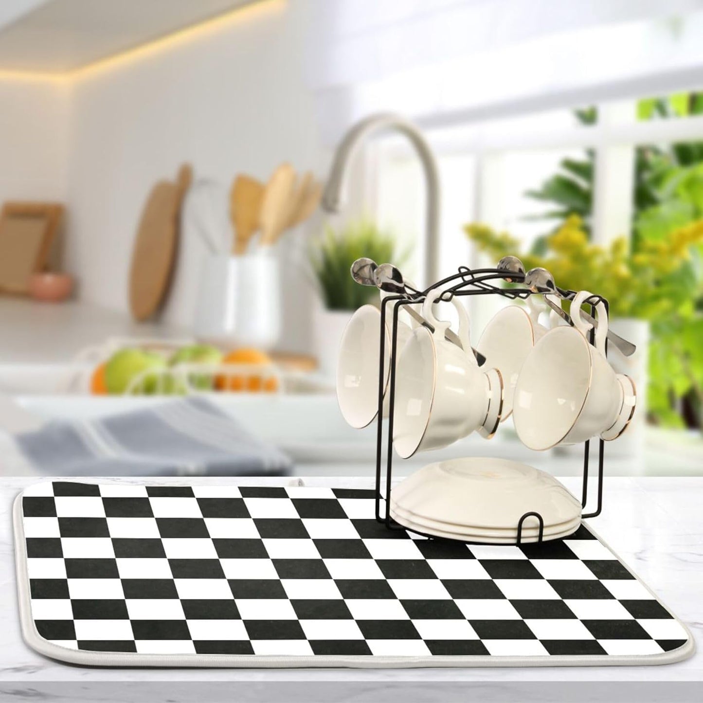 Black White Chessboard Dish Drying Mat for Kitchen Countertop 16x18 Plaid Checkered Rectangle Small Drying Mat Reusable Quick Dry Dish Sink Absorbent Mats Easy Clean Decorative Home Essentials
