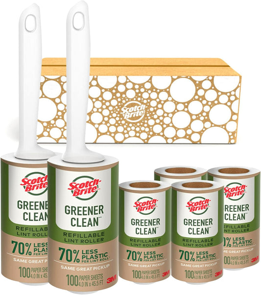Scotch-Brite Greener Clean Lint Roller, Reusable Lint Rollers for Clothes, Furniture, and Pet Hair, Tidy Up Fabrics with a More Sustainable Fuzz Remover, 2 Roller, 4 Refills