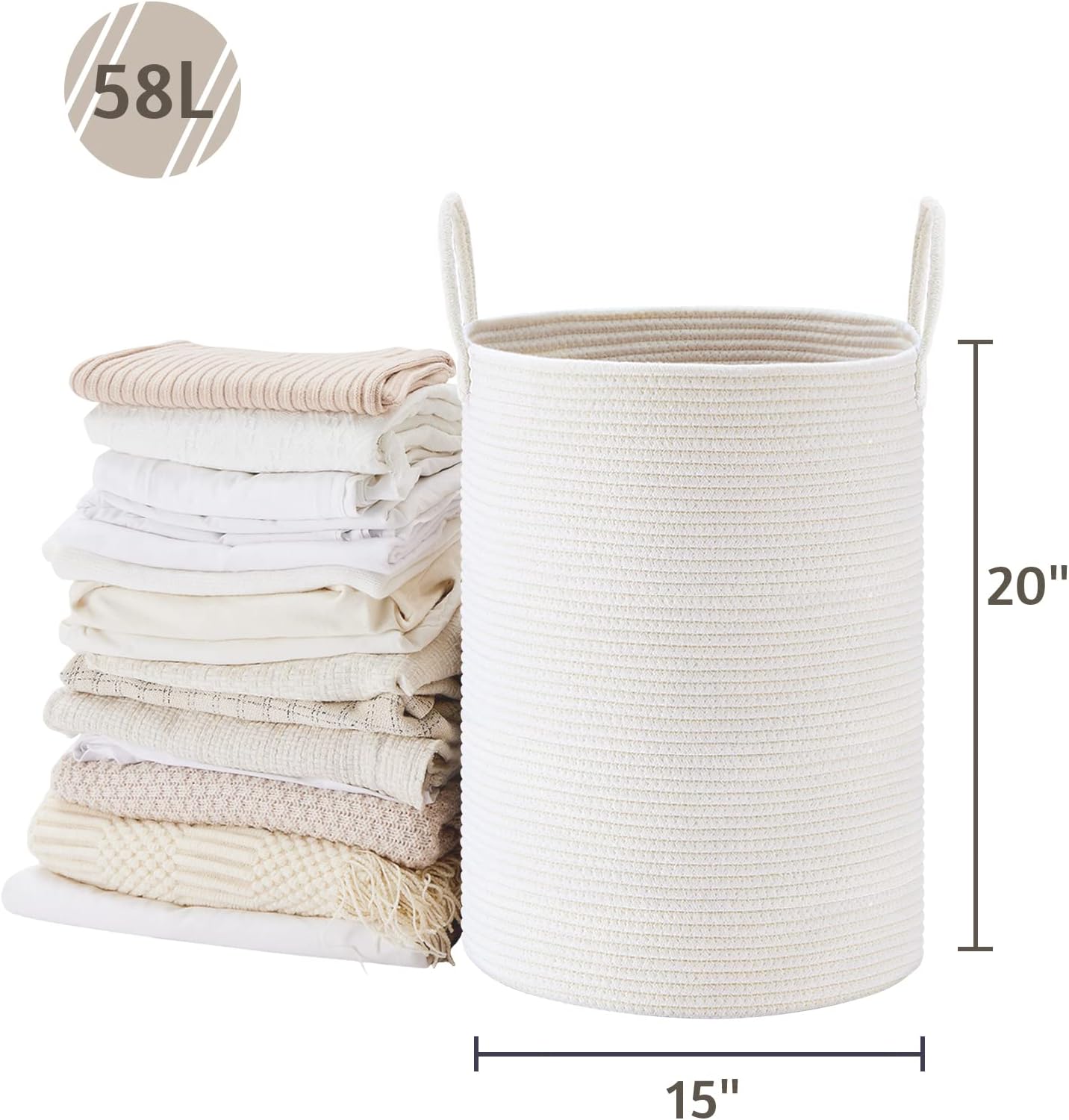 VIPOSCO Large Laundry Hamper, Tall Woven Rope Storage Basket for Blanket, Toys, Dirty Clothes in Living Room, Bathroom, Bedroom - 58L White