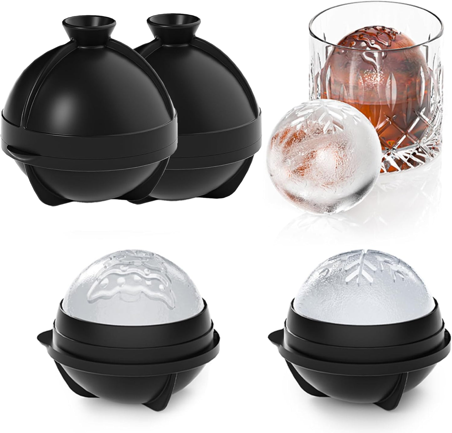 Novelty Christmas Tree Snowflake Ice Ball Maker Mold Set of 2, Christmas Ornament Ice Molds, 2.4" Large Holiday Round Whiskey Ice Cube Mold for Bourbon, Cocktails, Gifts for Men