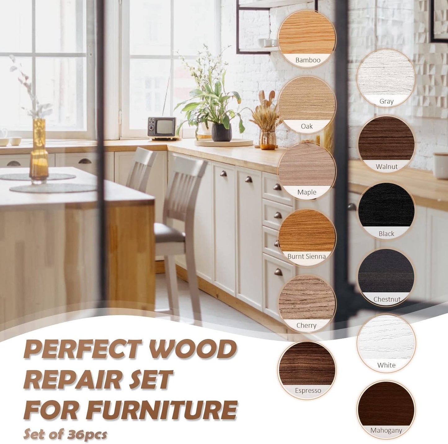 SEISSO Wood Scratch Repair Kit - Set of 36 Wood Filler Putty for Scratches Furniture Markers Touch Up Vinyl Floor Repair Kit - Restore a Finish, Cover Hardwood Scratches, Cracks, Hole, Table, Door