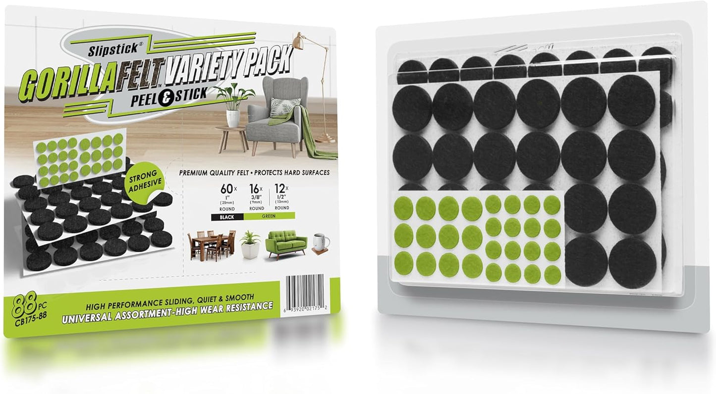 Slipstick Gorilla Felt 1 Inch Furniture Pads (88 Piece Combo) Premium Furniture Pads & Chair Leg Floor Protectors for Hardwood Floors & Hard Surfaces