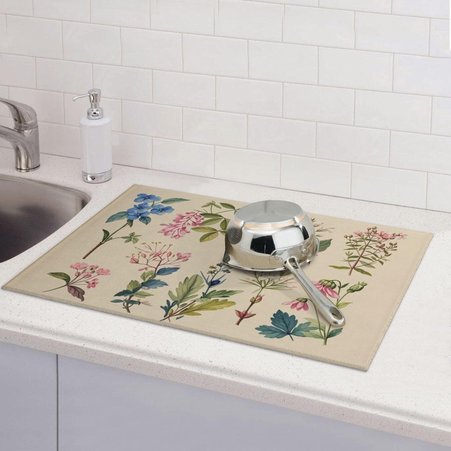 Vintage Plants Herbs Floral Dish Drying Mat Highly Absorbent Double-Sided Microfiber with Hanging Loop Reversible Drain Dish Rack Mat Drain Mat Suitable for Kitchen Countertop Coffee Bar 18 x 24 Inch