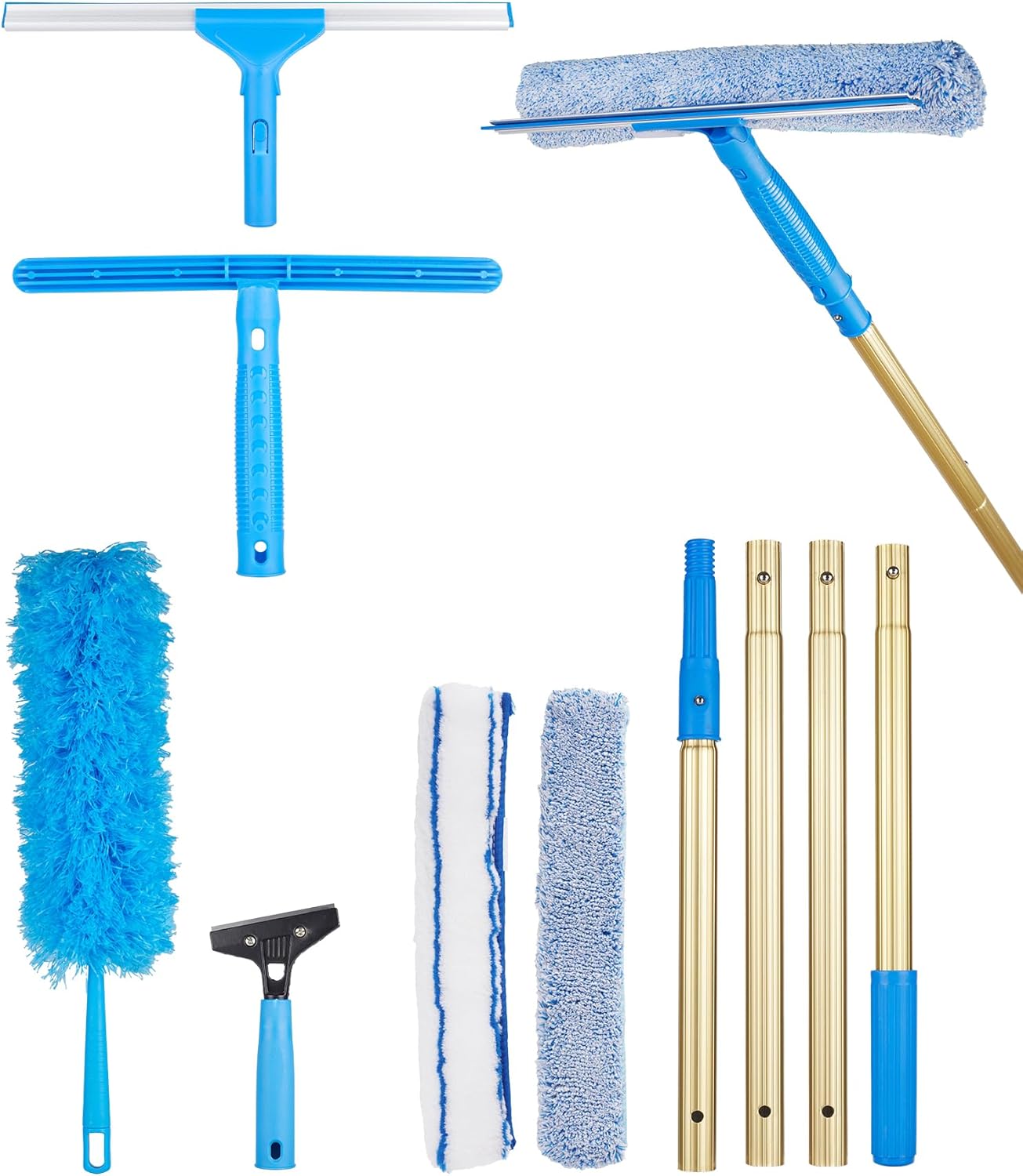 2 in 1 Window Squeegee Cleaning Kit with Aluminum Alloy Extension Poles, Scrubber, Glass Scrapper, Bendable Duster,2 Scrubber Cloth for Window, Car, Floor, Home, Garden