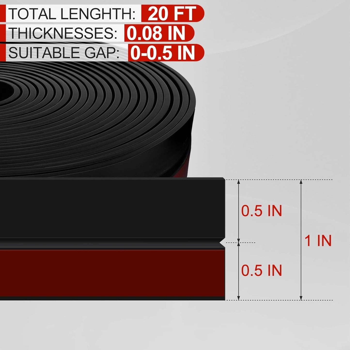 MYFAMIREA Door Weather Stripping 1IN (W) x 20FT (L) Door Draft Stopper Seal Tape Silicone Seal Strip Self Adhesive Shower Sweep Insulation Tape Side Bottom Strip for Sliding Glass Window Gap, Black