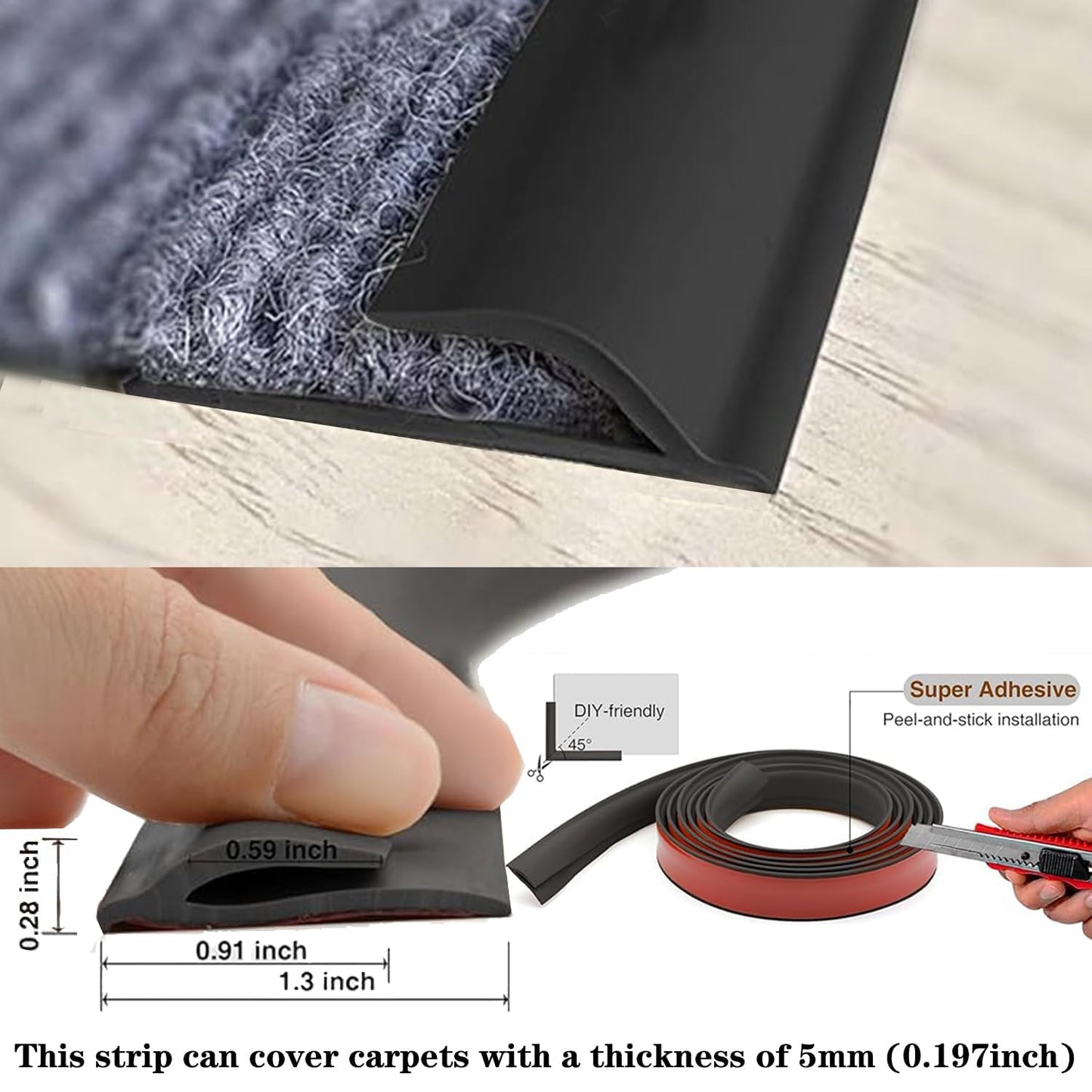 Self Adhesive Carpet Transition Strip with Edge Trim, Designed for Seamless Transitions from Carpet to Tile or Vinyl Floors, Perfect for Doorways.(Brown,22ft)