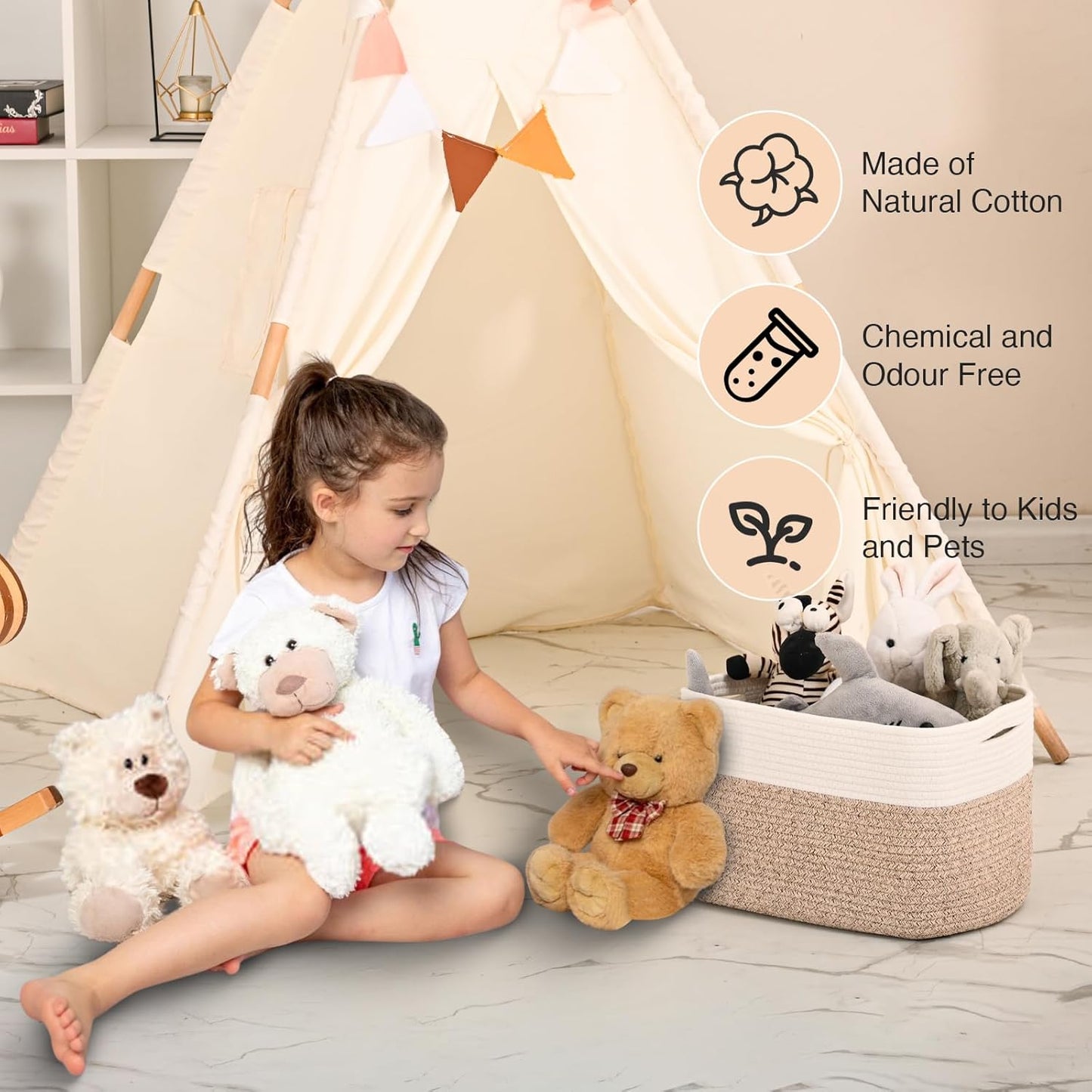 Woven Cotton Rope Storage Basket for Organizing, Cute Decorative Baskets for Gifts Empty, Organizer Bins for Dog Toy, Baby Laundry, 15“×11”×9.5“, Off White & Brown