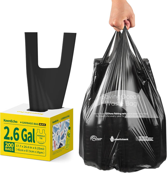 Small Trash Bags with Handles 2.6 Gallon 200 Count Black - Ocean Plastic Upcycling - Plastic Garbage Bags, Can Bin & Waste Basket Liner for Kitchen, Bathroom, Office and Pets