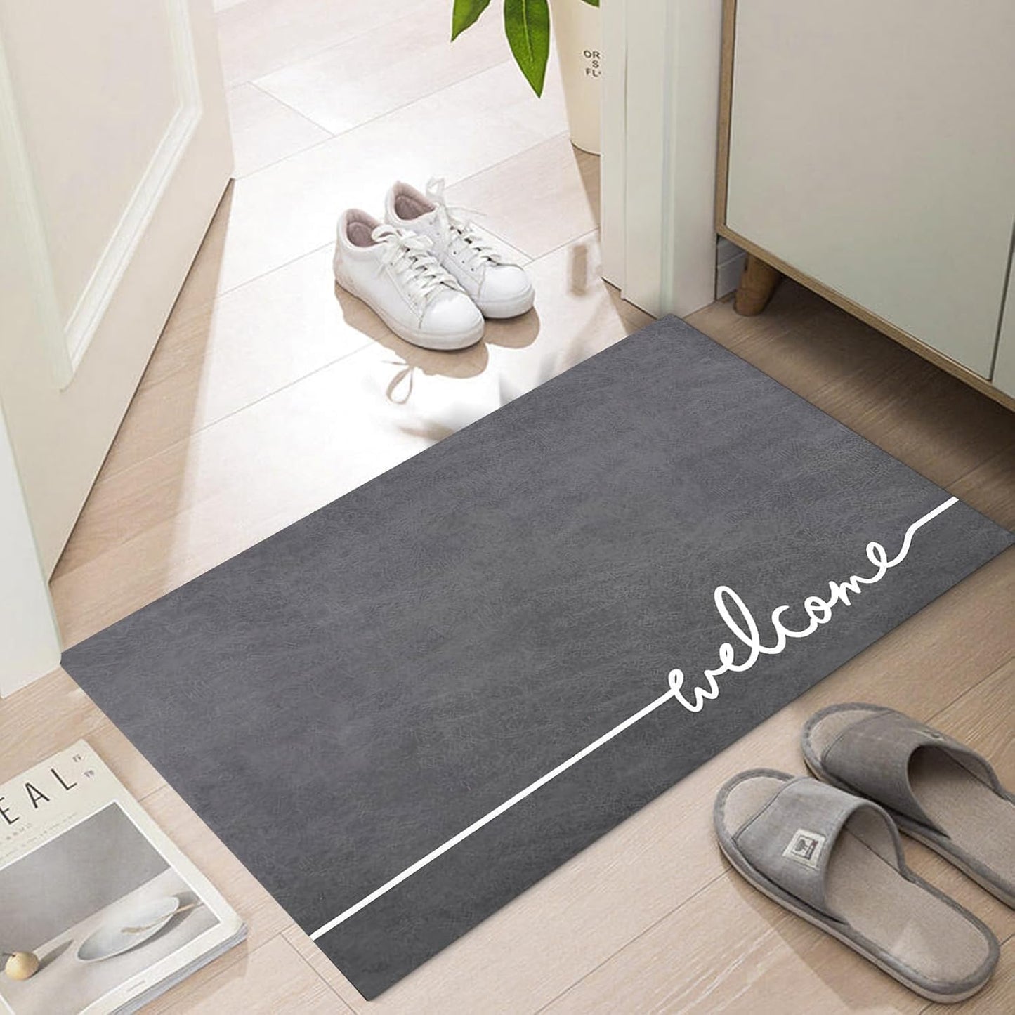 Welcome Mat Indoor, Ultra Thin Door Mat, 1/10 in Thin Door Mats for Inside Entry, Non-Slip Rubber Backing, Washable Doormat, Fade Resistant, Absorbent, Low Profile Dirt Trapper, 35"X24",Grey