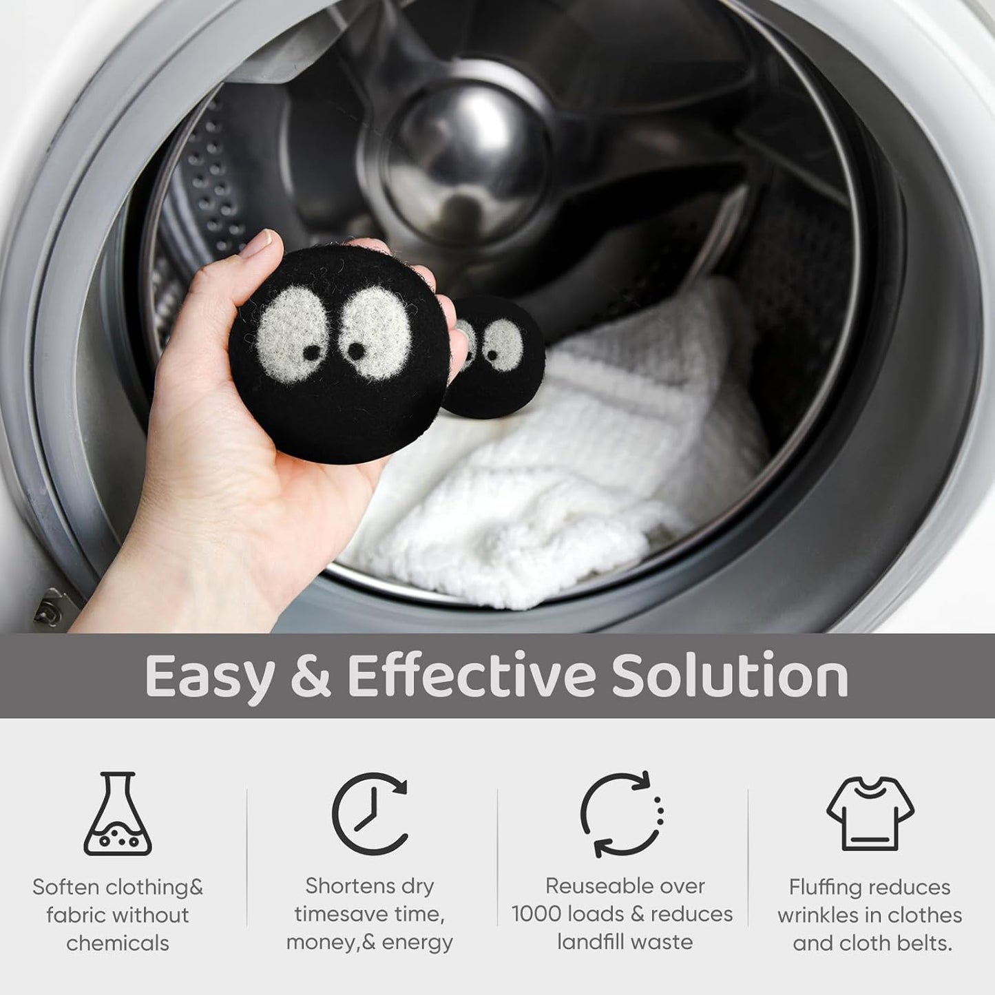 Wool Dryer Balls 6 Pack, Natural Fabric Softener, Dryer Balls Laundry Reusable, Reduces Clothing Wrinkles and Saves Drying Time (Black)