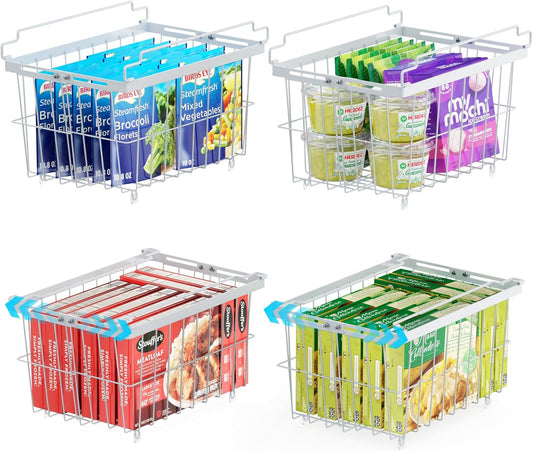 iSPECLE Freezer Organizer Bins - 4 Pack Adjustable & Extra Large Chest Freezer Organizer Bins for 5 to 9 Cu.Ft Deep Freezer, Easy Organize Basket Store More, Stackable No Wasted Space, White