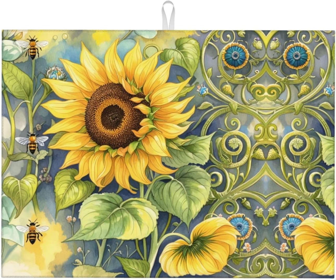Sunflower Bee Dish Drying Mat Highly Absorbent Double-Sided Microfiber with Hanging Loop Reversible Drain Dish Rack Mat Drain Mat Suitable for Kitchen Countertop Coffee Bar 18 x 24 Inch