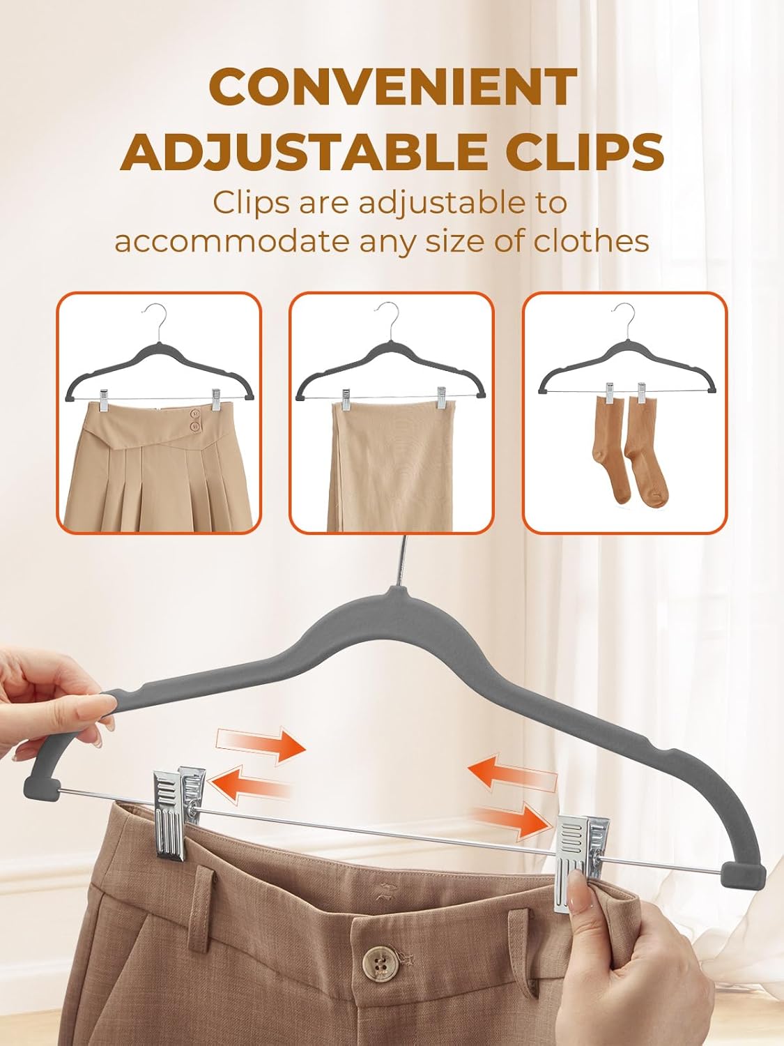 HOUSE DAY Velvet Skirt Hangers 36 Pack, Gray Velvet Hangers with Adjustable Clips, Space Saving Slim Velvet Pant Hangers, Heavy Duty Shorts Hangers, Non Slip Clip Hangers for Pants, Skirts, Shorts