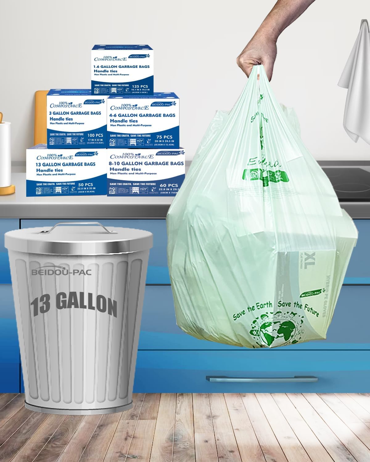 13 Gallon Compostable Tall Kitchen Trash Bags with Handle, 50 Count, Sturdy Biodegradable Garbage Bags for Food Scrap Waste, ASTM D6400, US BPI Certified