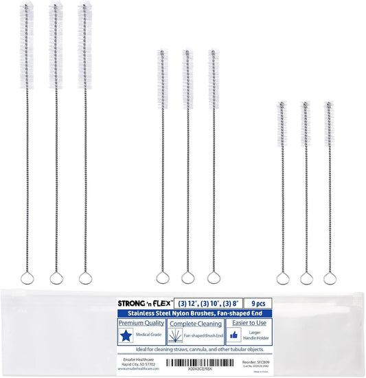 Strong 'n Flex Nylon Straw Cleaner Brushes – Fan-Shaped End for Tight Spaces, Ideal for Reusable Straws, Water Bottles, Sippy Cups & Pipes – Includes Zippered Pouch – 8", 10”, 12” Long – Set of 9