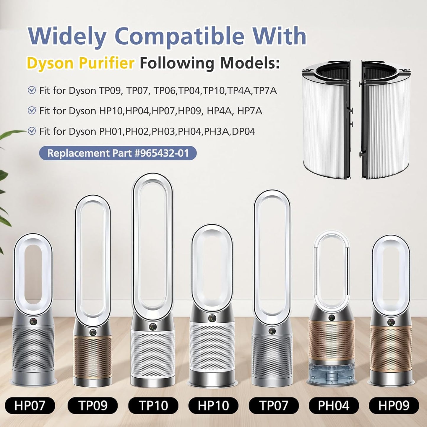 Upgraded 2-in-1 Replacement Filter Compatible with Dyson TP07 TP10 HP10 TP06 HP06 TP04 HP04 PH02 PH01 PH03 PH04 HP09 TP09 HP07 Air Purifier, 360°Combi Glass H13 True Hepa+ Activated Carbon Filter