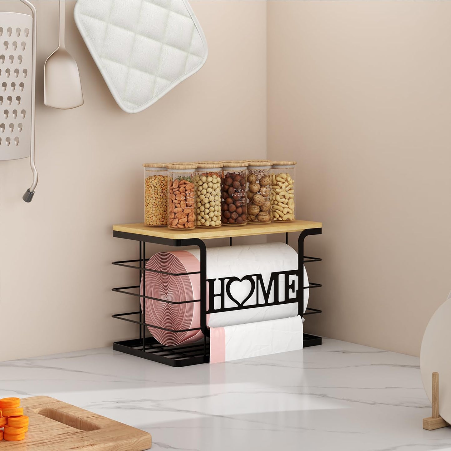 Trash Bag Holder, Thipoten Trash Bags Dispenser with Bamboo Top, Suitable for Garbage Bags Purchased Online or Supermarket, Perfect Storage Organizers for Cabinet, Under Sink (Black, 2pack-XL/L)