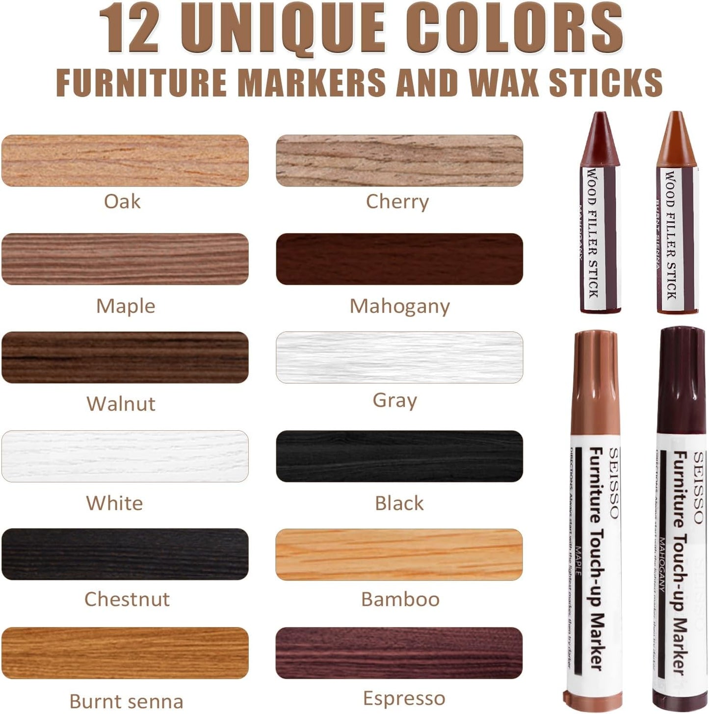 SEISSO Furniture Repair Kit, 12 Colors Furniture Touch-up Markers and Wood Fillers Sticks for Stains, Scratches, New Upgrade Furniture Touch Up Kit - Restore Wooden Table, Cabinet, Floors, Door