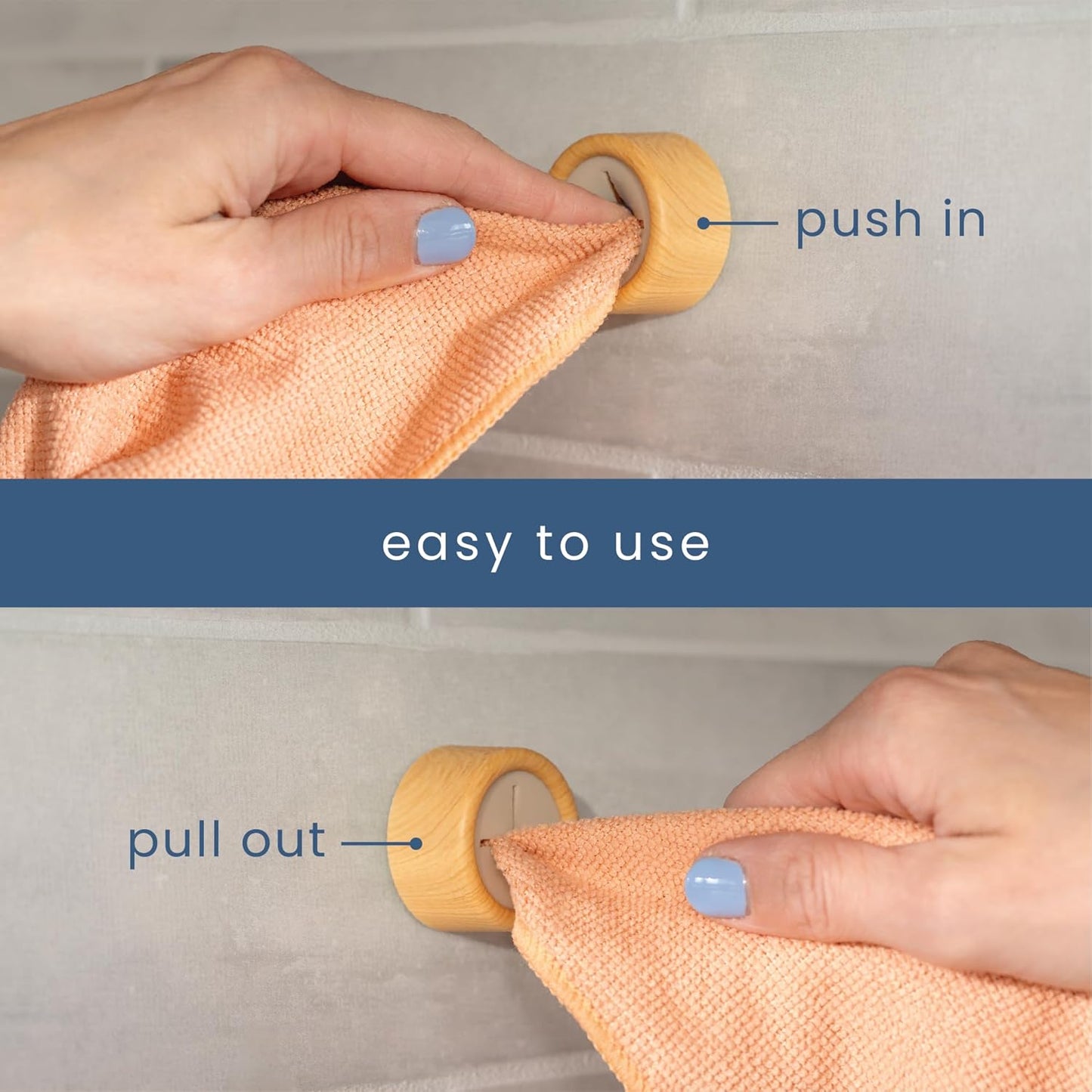 S&T INC. Round Adhesive Push Towel Hooks for Kitchen, Hand and Dish Towels, Plastic, Bamboo, 4 Pack