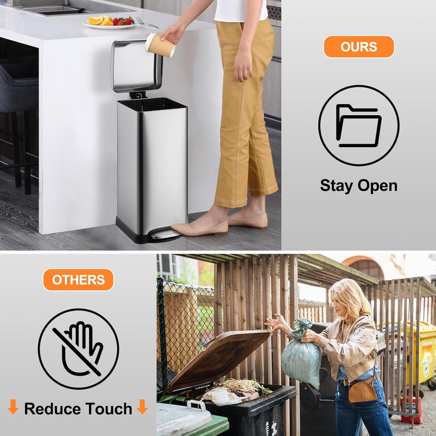 8 Gal/30L Slim Trash Can, Rectangular Step-On Stainless Steel Garbage Can, Soft-Close Lid, Anti-Fingerprint Surface, Recycling Bin with Removable Inner Basket, for Kitchen Dining Room, Silver