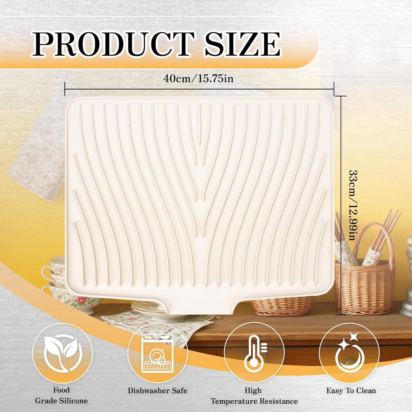 RoseFlower Dish Drying Mat, Large 15.7" x 13" Silicone Dish Mat Drying Kitchen Mat, Faucet Mat for Kitchen Sink, Dish Drying Mats for Kitchen Counter, Refrigerator or Drawer Liner - White