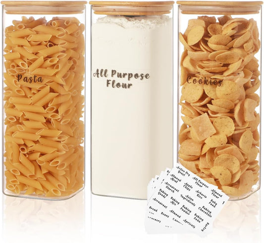 3 Pcs Square Glass Pantry Storage Containers with Bamboo Airtight Lid and 248 Clear Pantry Labels Preprinted - 62oz Thicken Glass Food Storage Jars for Coffee, Cookie, Tea, Sugar, Spice