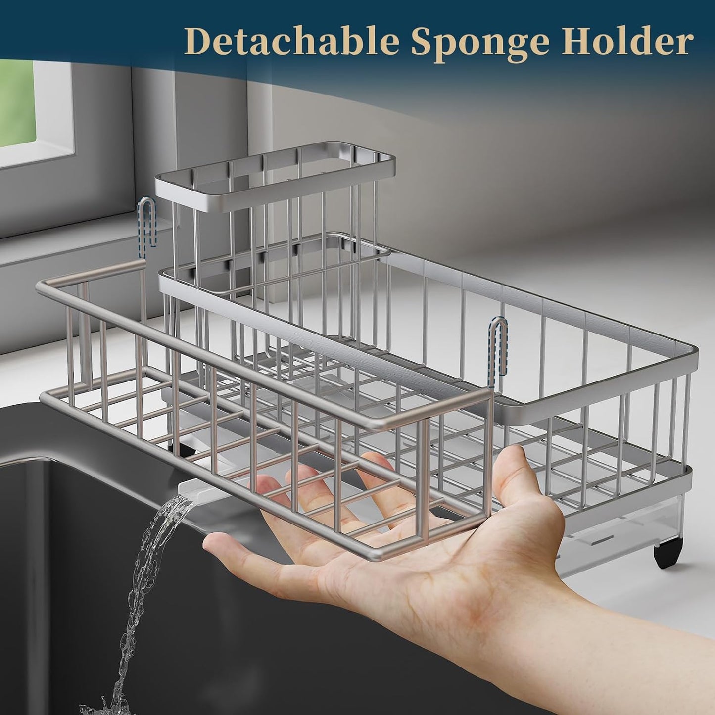 Consuemst Sponge Holder for Kitchen Sink - Auto Draining Sink Caddy Organizer with Detachable Rack, High Brush Holder, Kitchen Countertop Storage Accessories, Silver