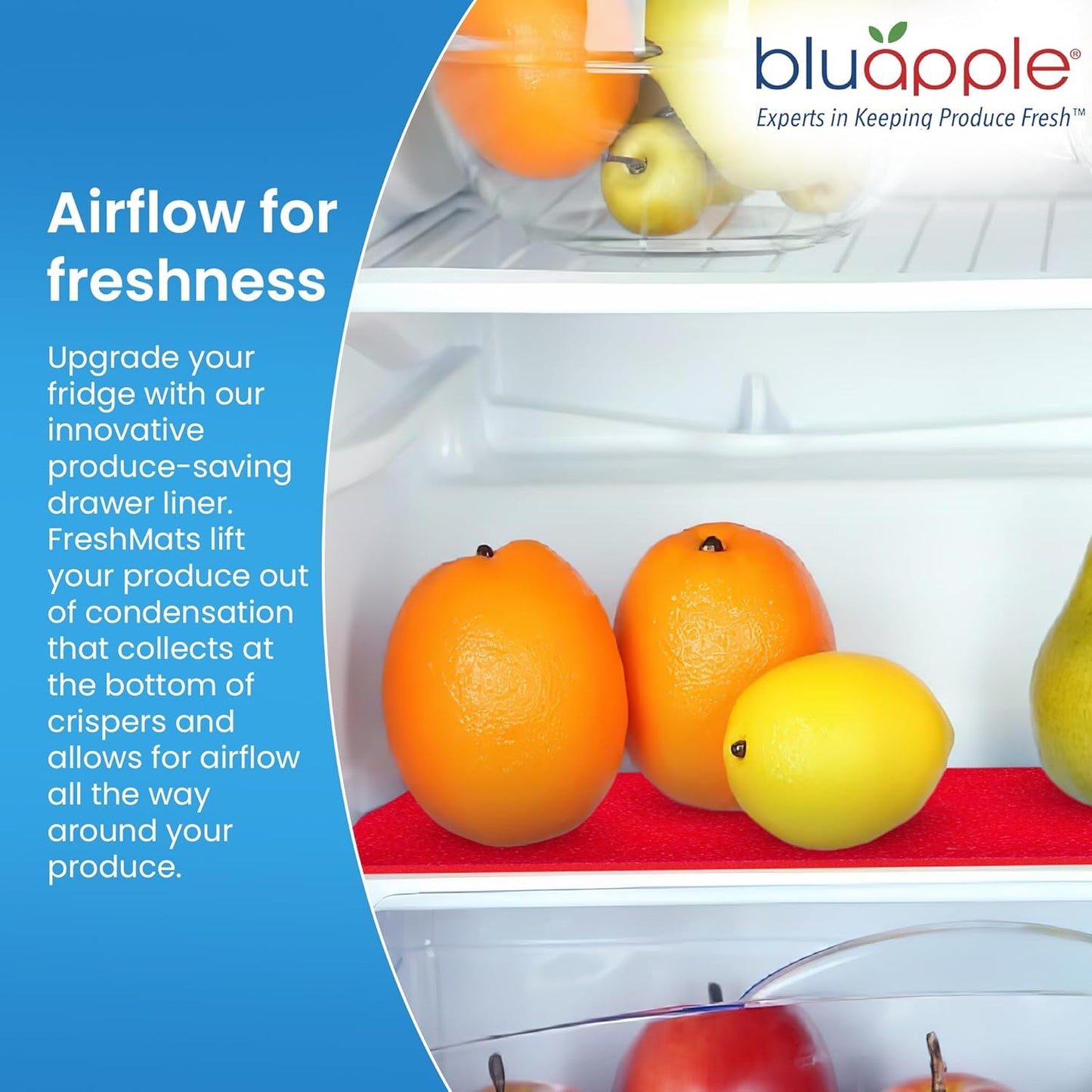 Bluapple FreshMats, Refrigerator Bin Liner, Fridge Drawer Mats, Crisper Life Extender Liner Keeps Produce Fresh Longer, Anti-Bruising, Helps Air Circulation, Washable & Reusable (4-Mats, 12x15, Red)